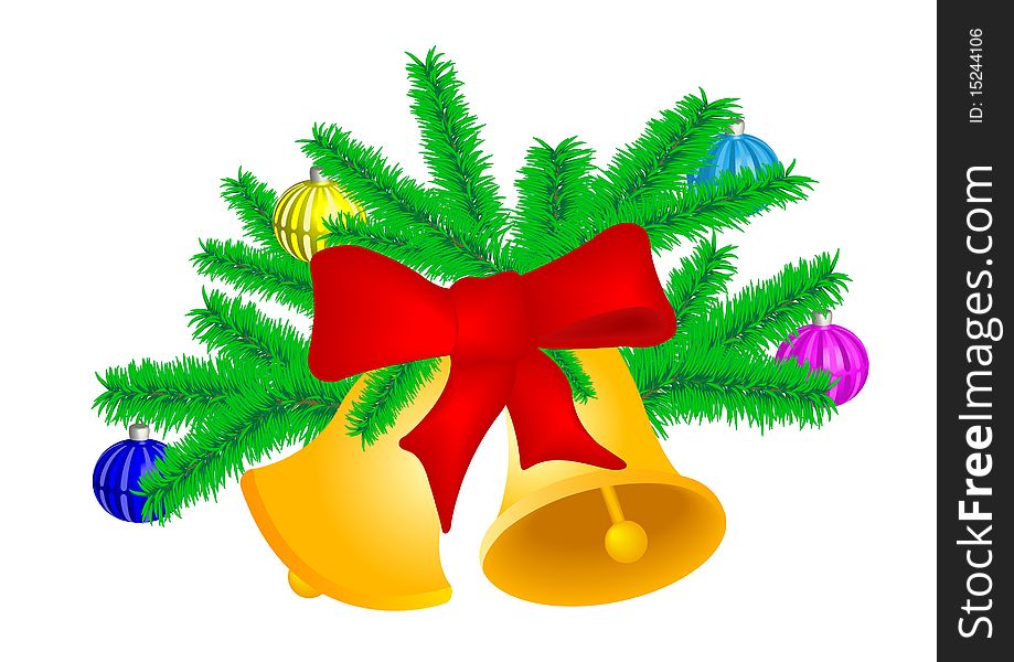 Two Christmas hand bells with spheres with a red tape on green fur-tree to a branch it is isolated on a white background