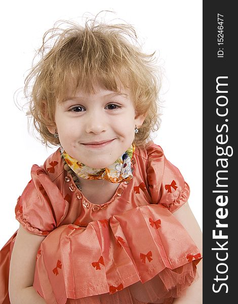 Fan little girl smiling. Isolated white.