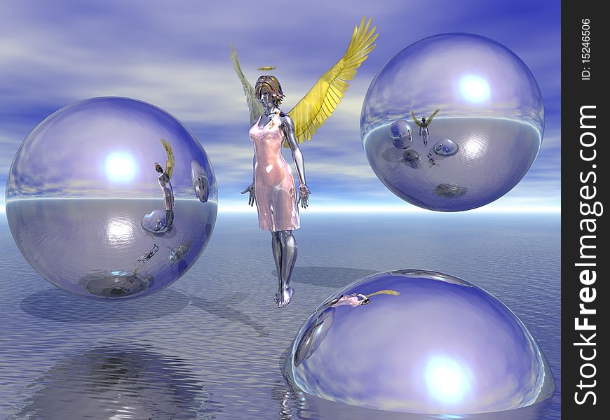 3D rendering of an angel floating above water. 3D rendering of an angel floating above water.