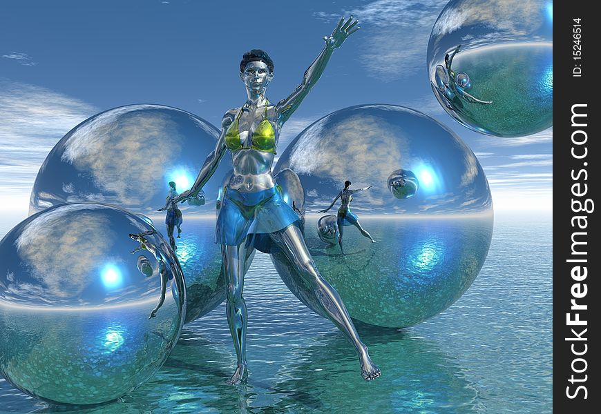 3D render of a beautiful metal woman preparing to do a cartwheel. 3D render of a beautiful metal woman preparing to do a cartwheel.