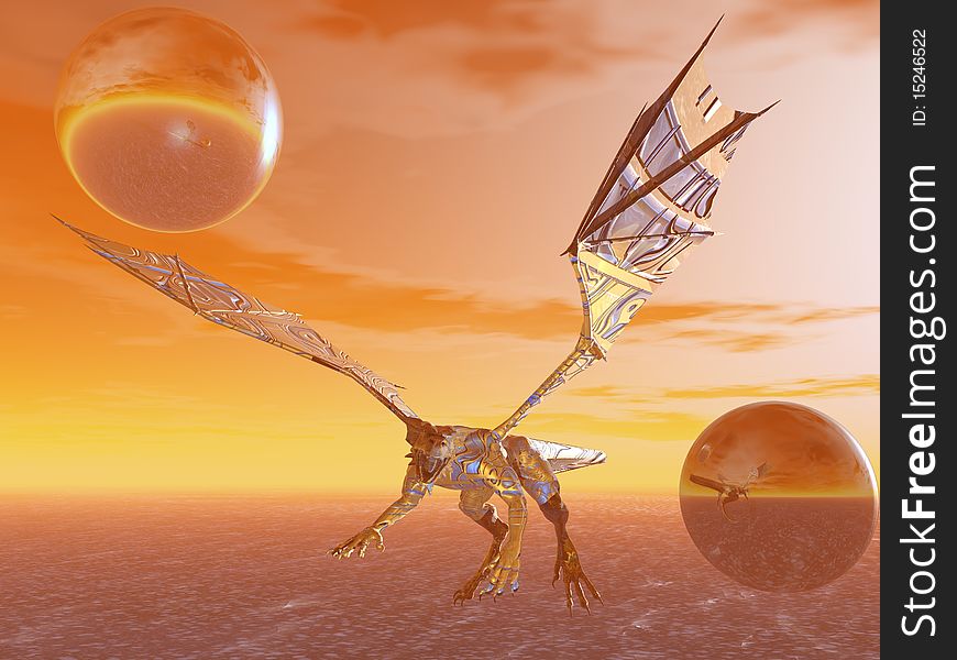 3D render of a blue and gold dragon in flight.