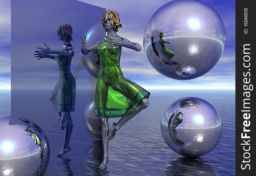 3D render of a beautiful metal woman in a green dress doing a pirouette. 3D render of a beautiful metal woman in a green dress doing a pirouette.