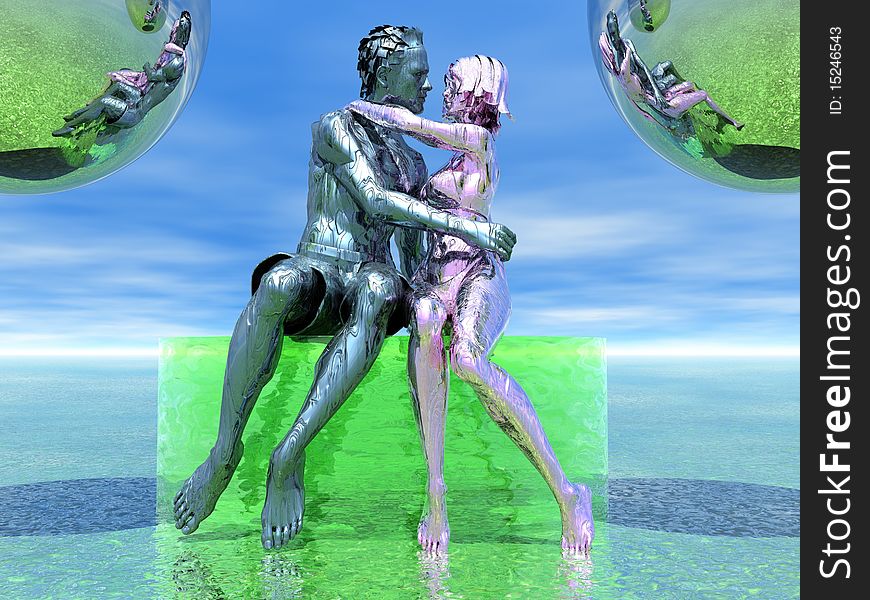 3D render of a metal couple about to kiss. 3D render of a metal couple about to kiss.