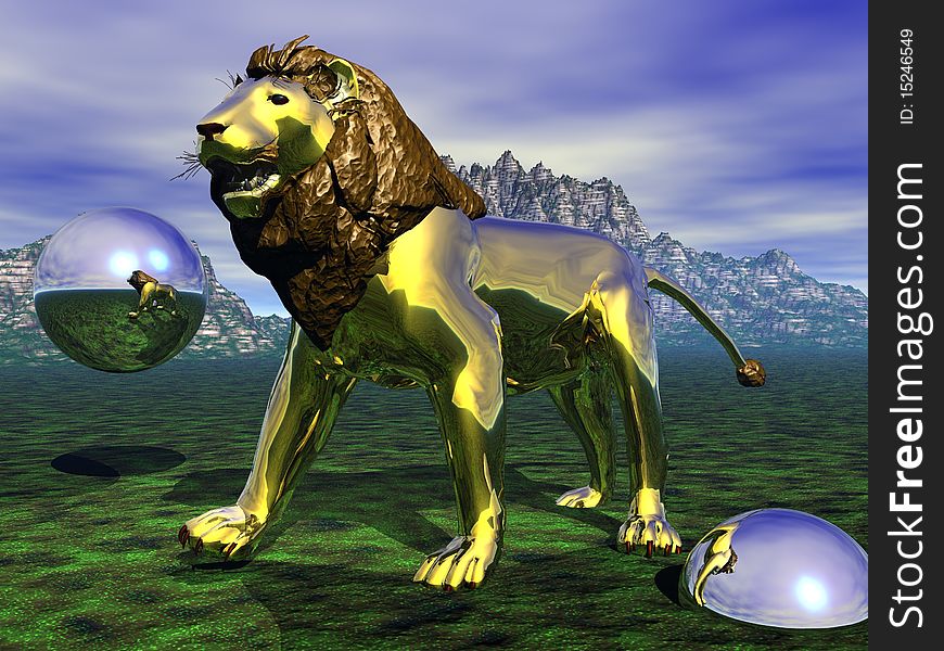 3D render of a gold metal lion. 3D render of a gold metal lion.