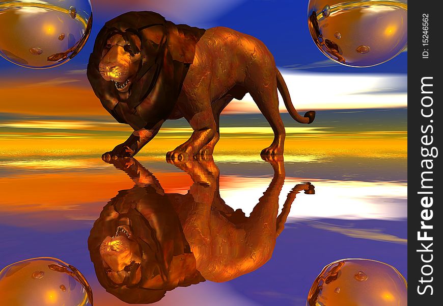 3D render of a bronze lion on a colorful background.