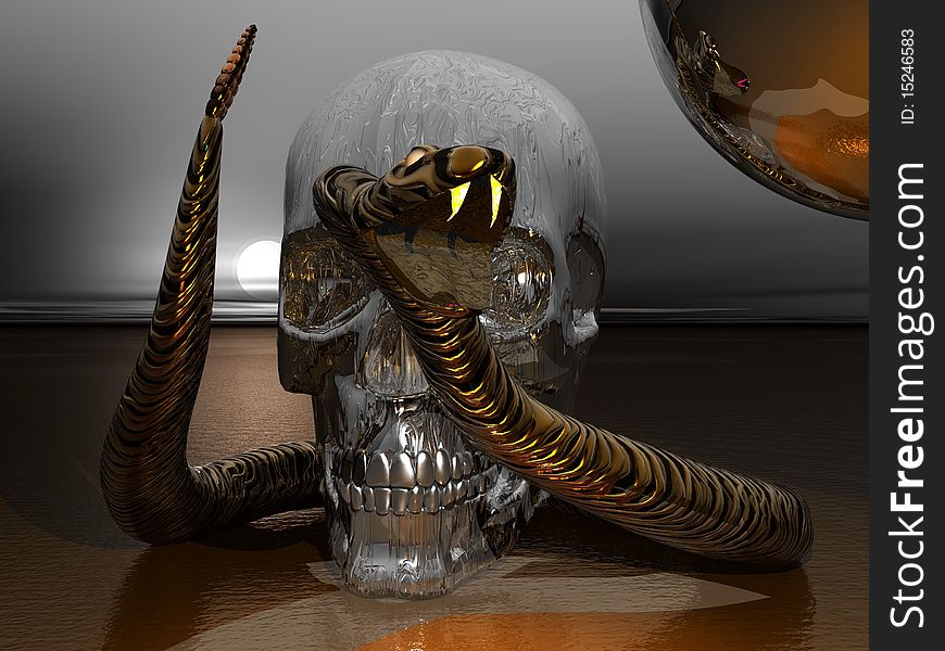3D render of a metal skull being guarded by a snake. 3D render of a metal skull being guarded by a snake.