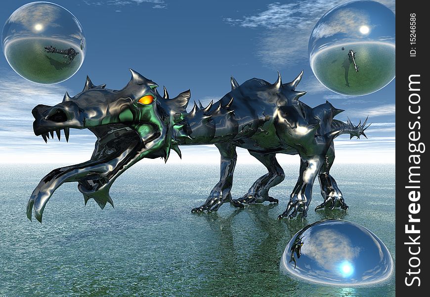 3D render of a metal thorn dragon.