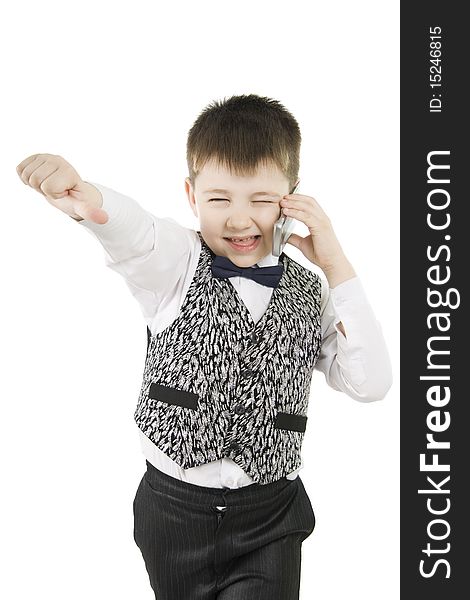 Fun boy with thumbs down on white background. Fun boy with thumbs down on white background