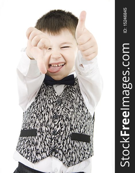 Fun boy with thumbs up and down on white background. Fun boy with thumbs up and down on white background