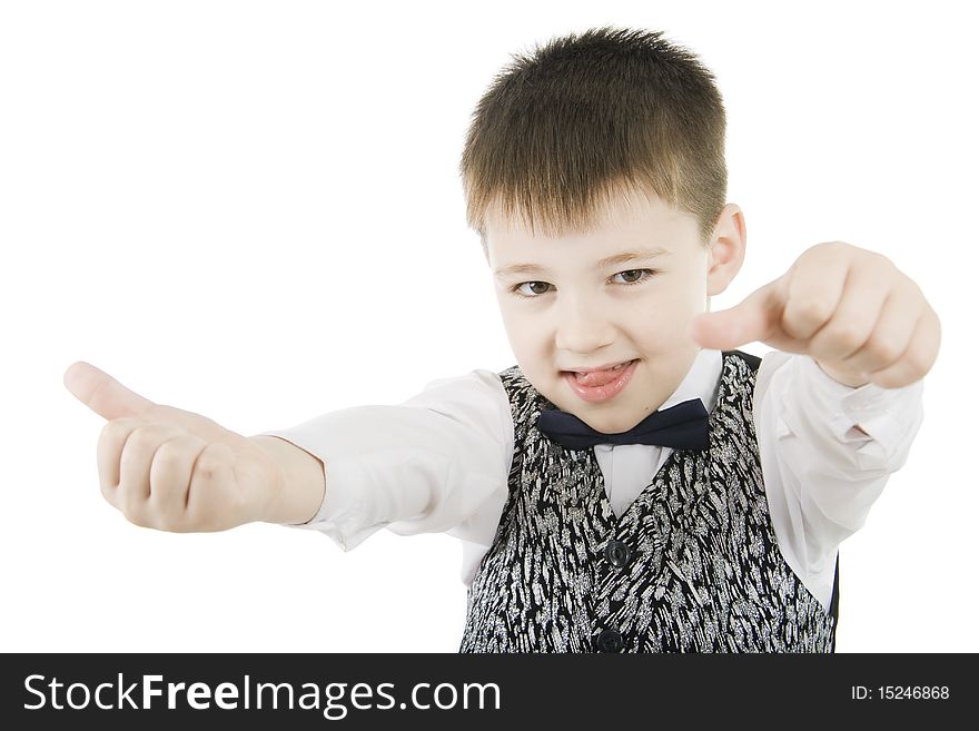 Fun boy with thumbs up and down on white background. Fun boy with thumbs up and down on white background