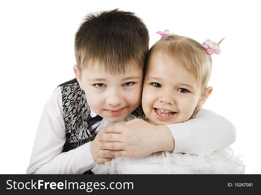 Happy brother the sister on a white background.