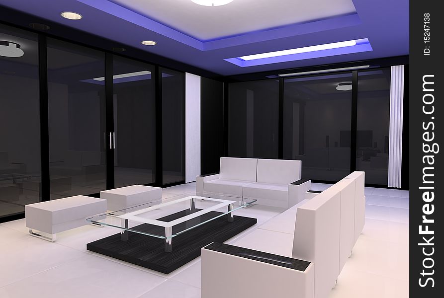 3d render version of a hotel room at night.