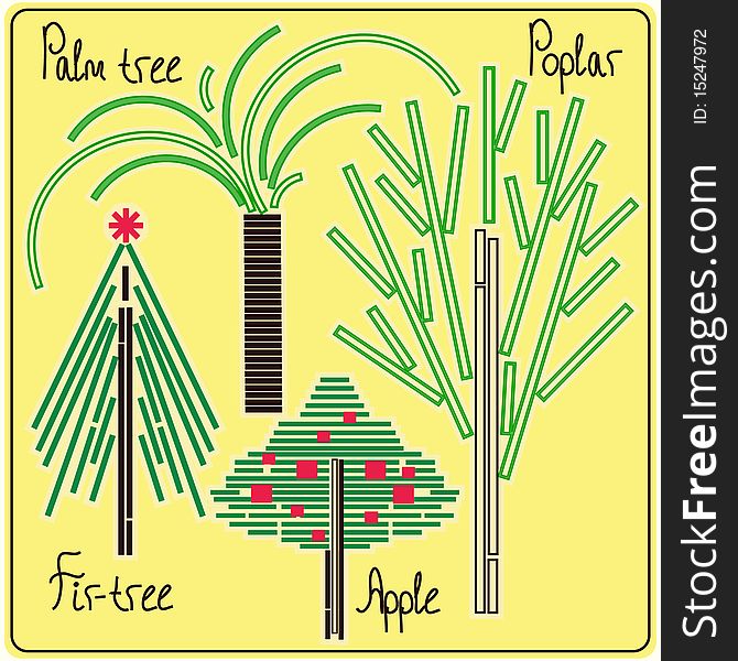 Abstract trees (poplar, apple tree, palm tree, fir) from the rectangles. Vector image. Abstract trees (poplar, apple tree, palm tree, fir) from the rectangles. Vector image.
