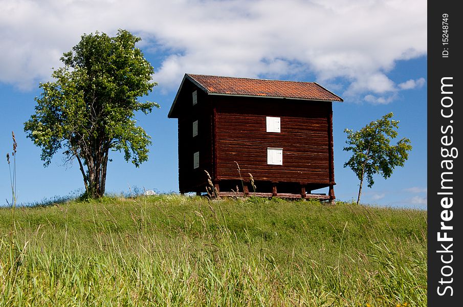 An old red wooden swedish barn on a hill with trees. An old red wooden swedish barn on a hill with trees.