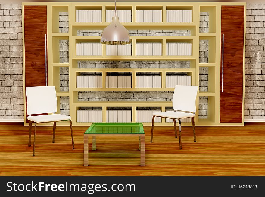 Two white chairs with table and books at the background