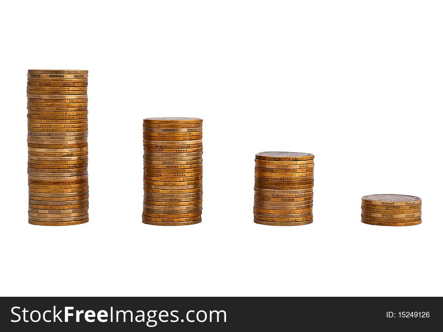 Four piles of gold coins on a white background