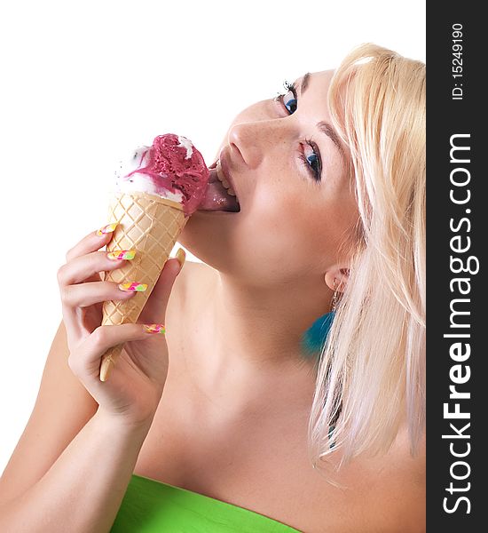 Women with ice-cream, isolated on white