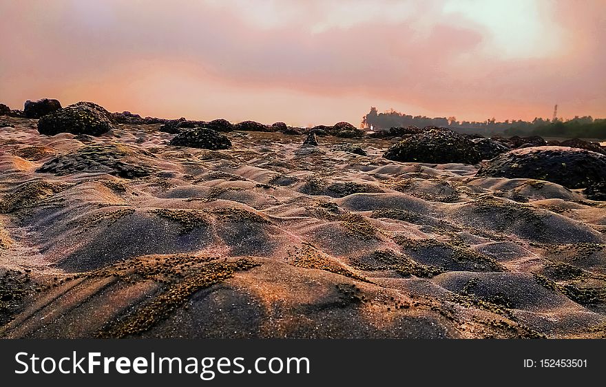 Crab Holes On Sea Beach Of Saint Martin&x27;s Island At Sunrise