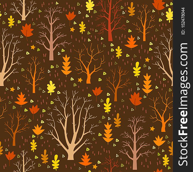 Autumn forest tree pattern. Woodland cartoon seamless landscape.Vector decorative background. Different trees in flat style. Autumn forest tree pattern. Woodland cartoon seamless landscape.Vector decorative background. Different trees in flat style