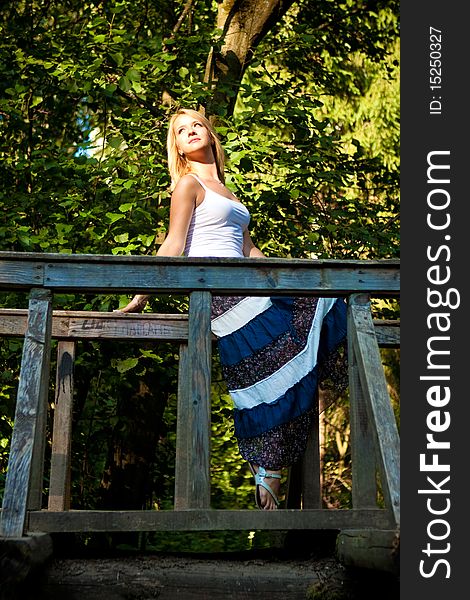 Girl on the Bridge in a blue dress