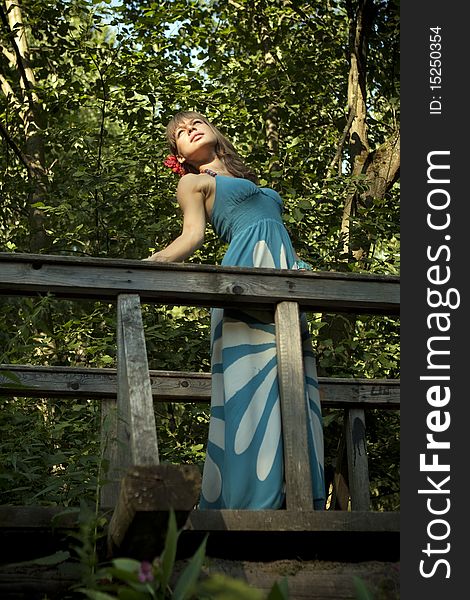 Girl on the Bridge in a blue dress
