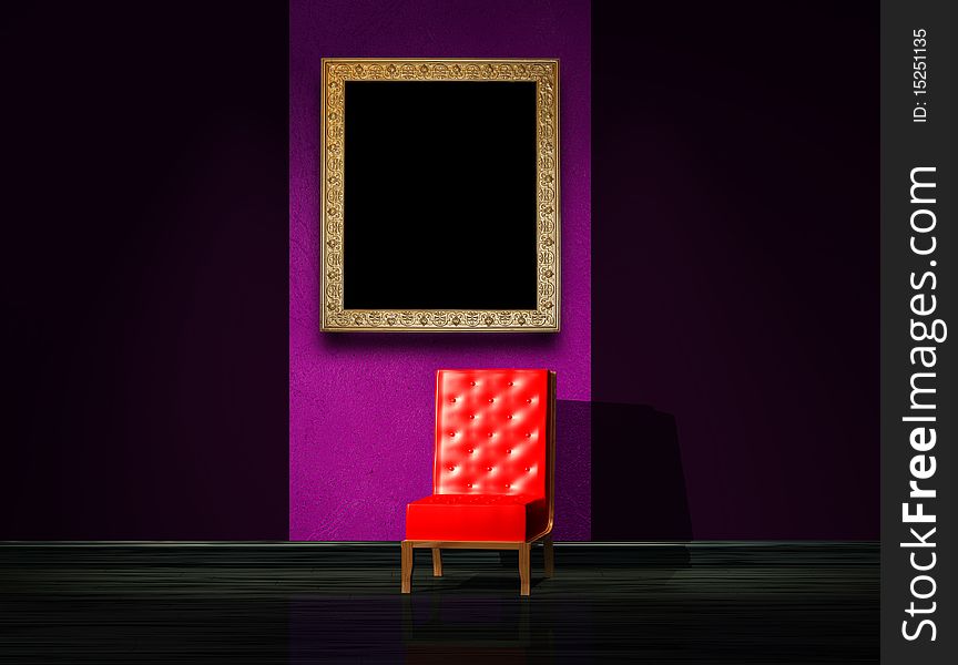 Red armchair with antique frame in dark interior. Red armchair with antique frame in dark interior