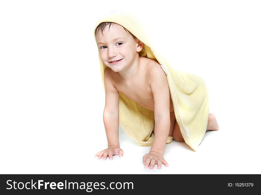 Cute boy in towel after bath