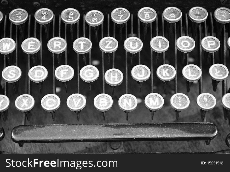 Keyboard of a vintage typewriter in close up