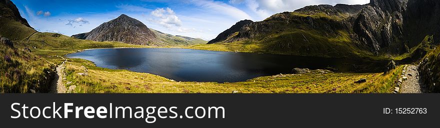 Panoramic landscape view of lake mountains and clear blue sky. Panoramic landscape view of lake mountains and clear blue sky