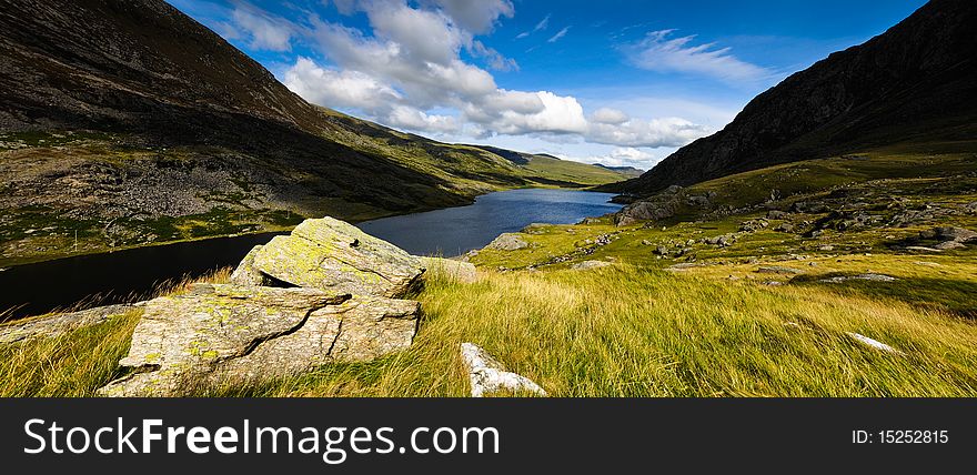 Panoramic landscape view of lake mountains and clear blue sky. Panoramic landscape view of lake mountains and clear blue sky