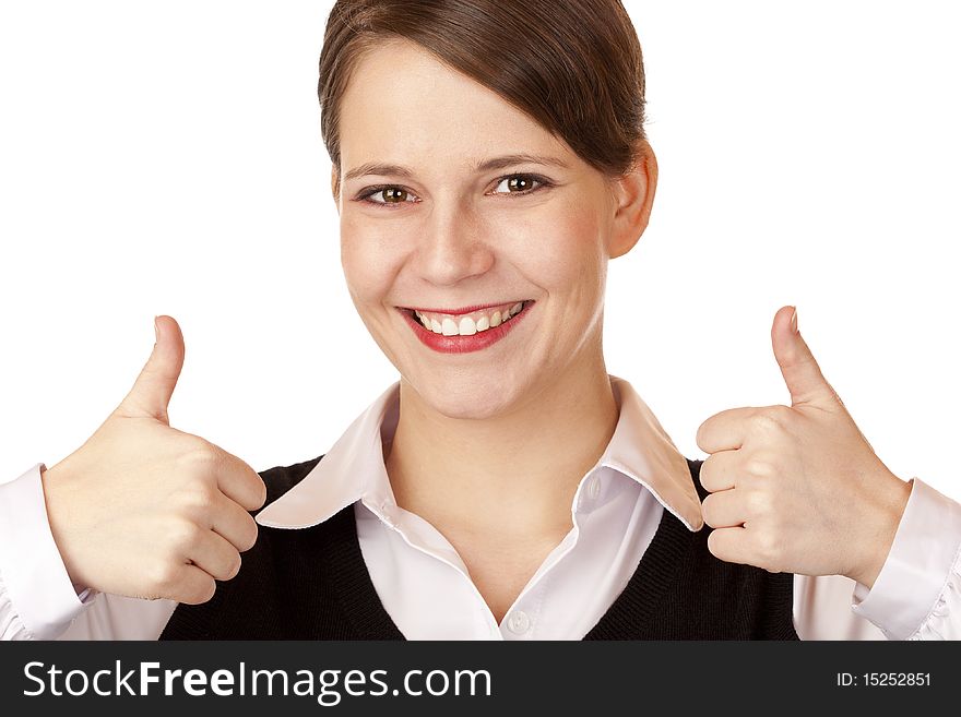 Casual young attractive businesswoman shows both thumbs up . Isolated on white background. Casual young attractive businesswoman shows both thumbs up . Isolated on white background.