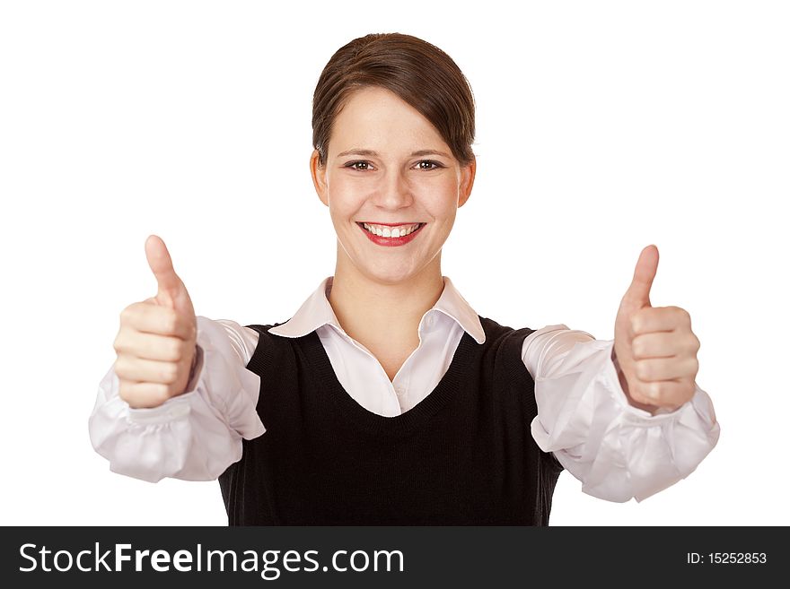 Casual young attractive businesswoman shows both thumbs up . Isolated on white background.