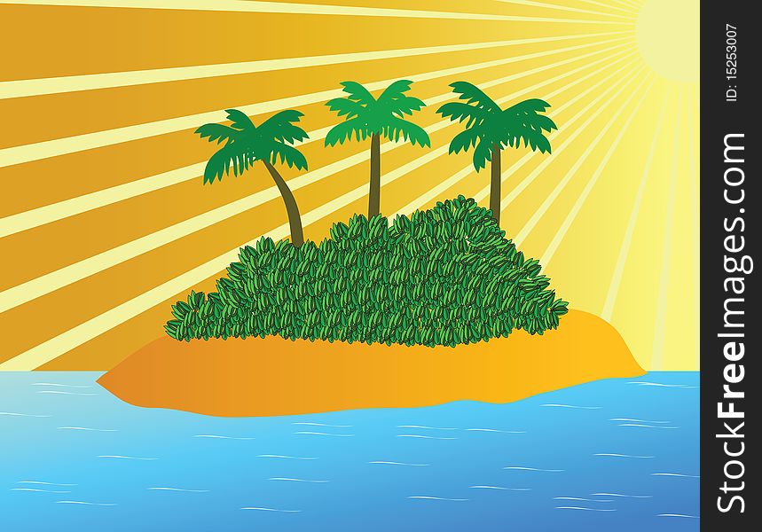 Tropical island in ocean with rising palm on him