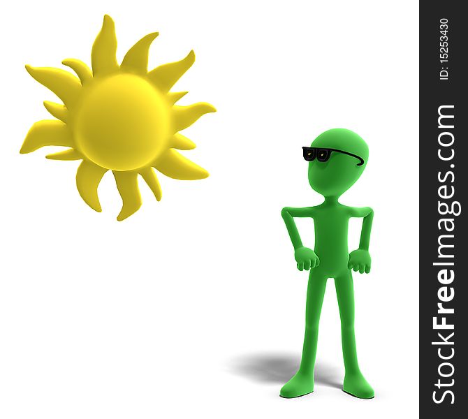 3d male icon toon character loves the sun. 3D rendering with clipping path and shadow over white