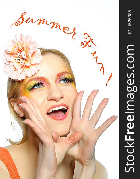 Concept of summer fashion woman with creative eye make-up in yellow and green tones screaming summer fun. copy-space