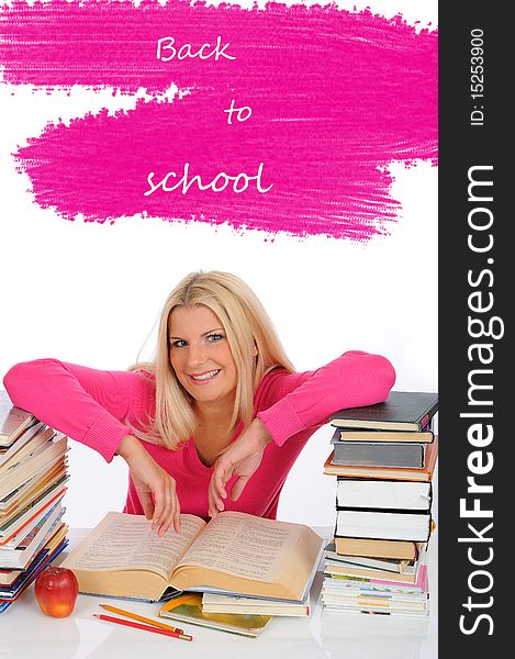 Portrait of young student girl with lots of books  studing for exams