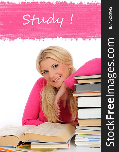 Portrait of young student girl with lots of books  studing for exams