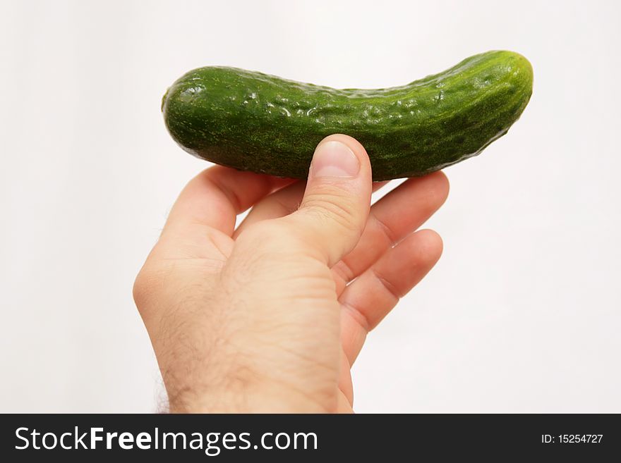 Green cucumber in the mans hand