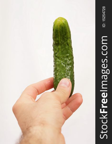 Green cucumber in mans hand on white background. Green cucumber in mans hand on white background