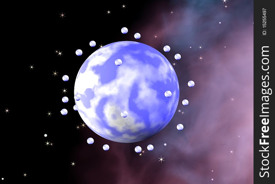 3D rendered blue cloudy planet and satellites on nebular space background. 3D rendered blue cloudy planet and satellites on nebular space background