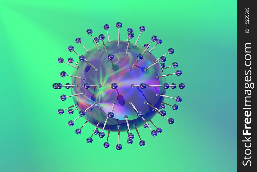 3D rendered blue reflective virus structure on green background