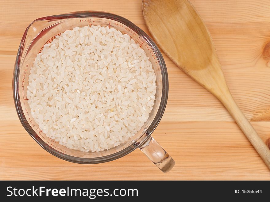 Top View of Rice in Glass Measuring Cup. Top View of Rice in Glass Measuring Cup