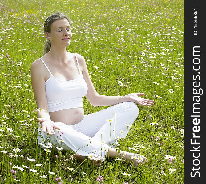 Pregnant woman sitting on meadow