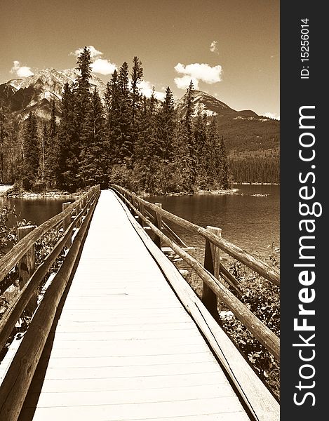 This picture was taken as you walk over a short footbridge onto Pyramid Island in Jasper, Alberta