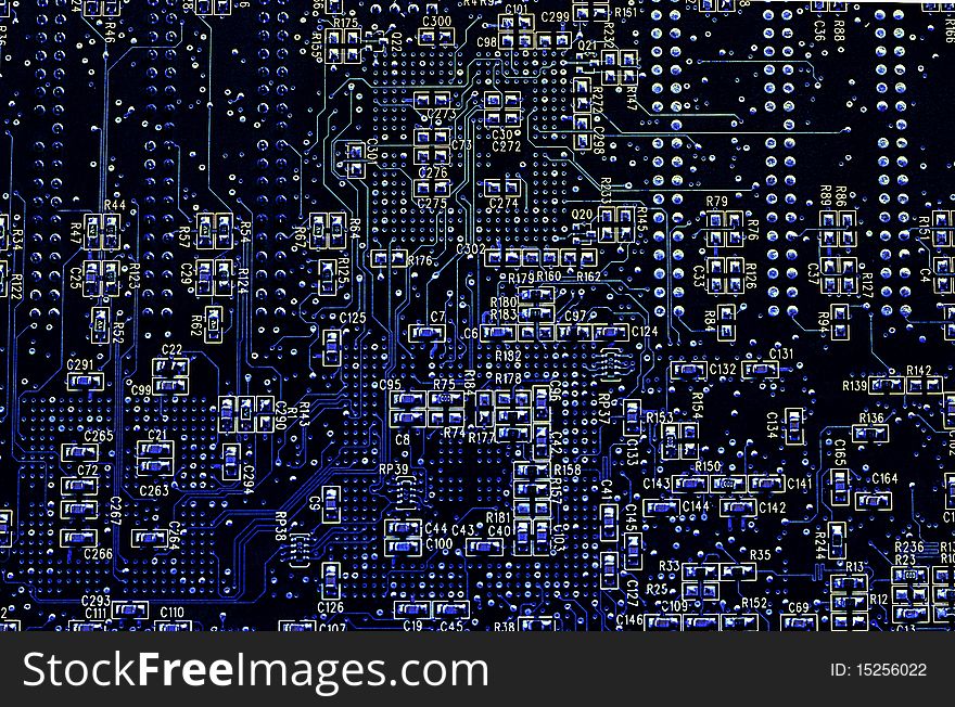 Computer circuit board background in blue and yellow.