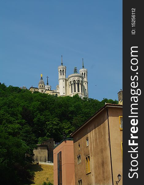 Fourviere basilica against blue sky in lyon in france