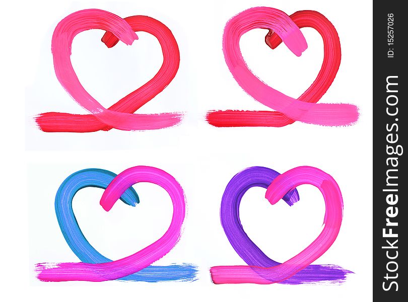 4 painted hearts with brush strokes and linking parts