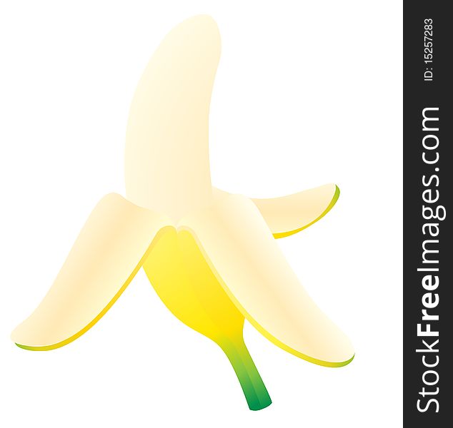 Illustration of the peeled ripe banana over white background