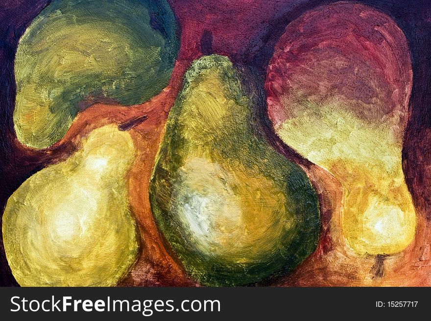 A still life in oil paint of four pears. A still life in oil paint of four pears