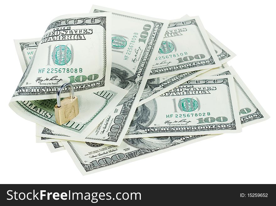 Money dollars and lock isolated on white background